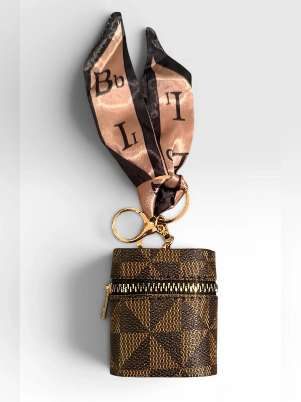 Keychain Backpack Mini Bag Charm Small Lipstick Pouch Brown W Silk Like Scarf